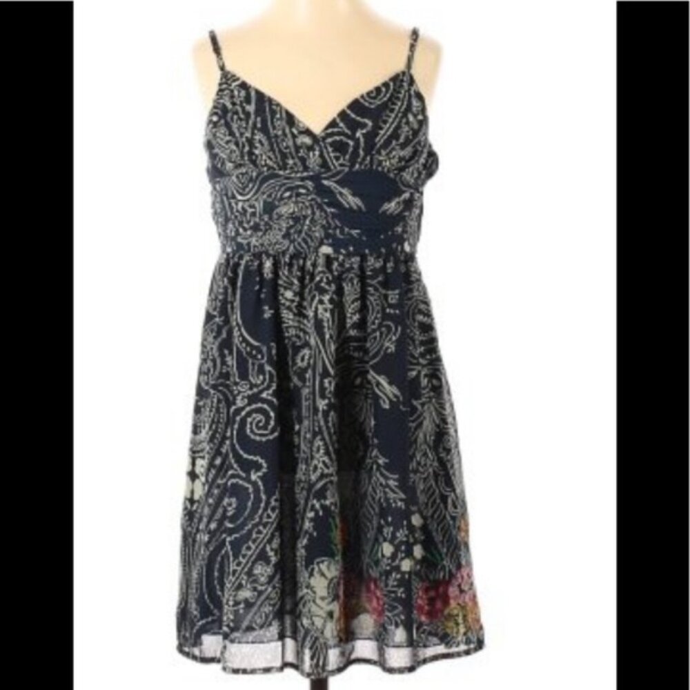 Anthropologie Starting At Stars Boho Ruched Mini Dress Print Sundress Strap Fit